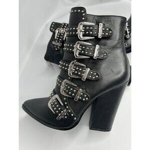 Steve Madden Comet Studded Black Leather Ankle Boots With Buckle Straps & Block